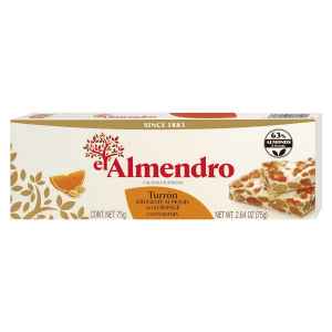 Top Food Feinkost - El Almendro Turrón con Naranja 75g | Weißer Nougat mit Mandeln und kandierter Orangenschale.