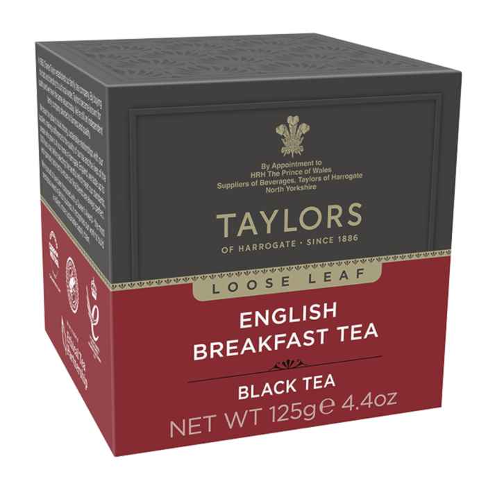 Top Food Feinkost - Taylors of Harrogate English Breakfast Leaf Tea 125g | Teemischung aus verschiedenen Ländern in einer hübschen Geschenkpackung.