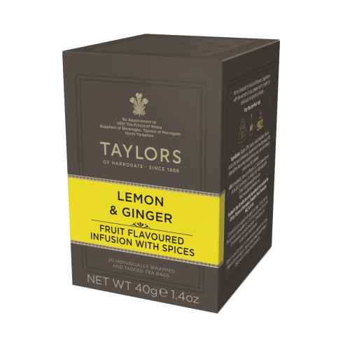 Top Food Feinkost - Taylors of Harrogate Lemon & Ginger Tea 40g - 20 Aufgussbeutel | Früchtetee mit Ingwer und Zitrone aromatisiert.