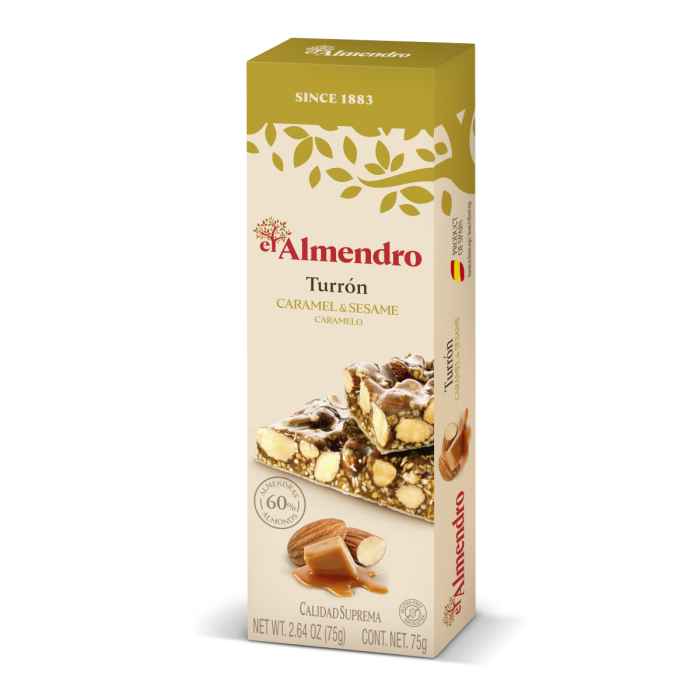 Top Food Feinkost - El Almendro Turrón Caramelo 75g | Mandel-Sesam Karamell mit Honig