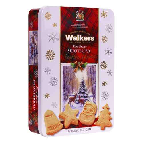 Top Food Feinkost - Walkers Shortbread Ltd. Festive Shapes Shortbread 250g- Dose | Reliefdose mit Winterwaldmotiv