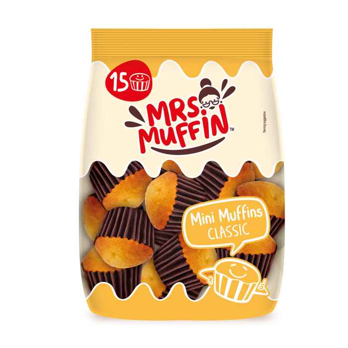 Top Food Feinkost - Mrs. Muffin 15 Mini Muffins Classic 225g | Kleine fluffige Muffins einzeln in Manschentten angerichtet.
