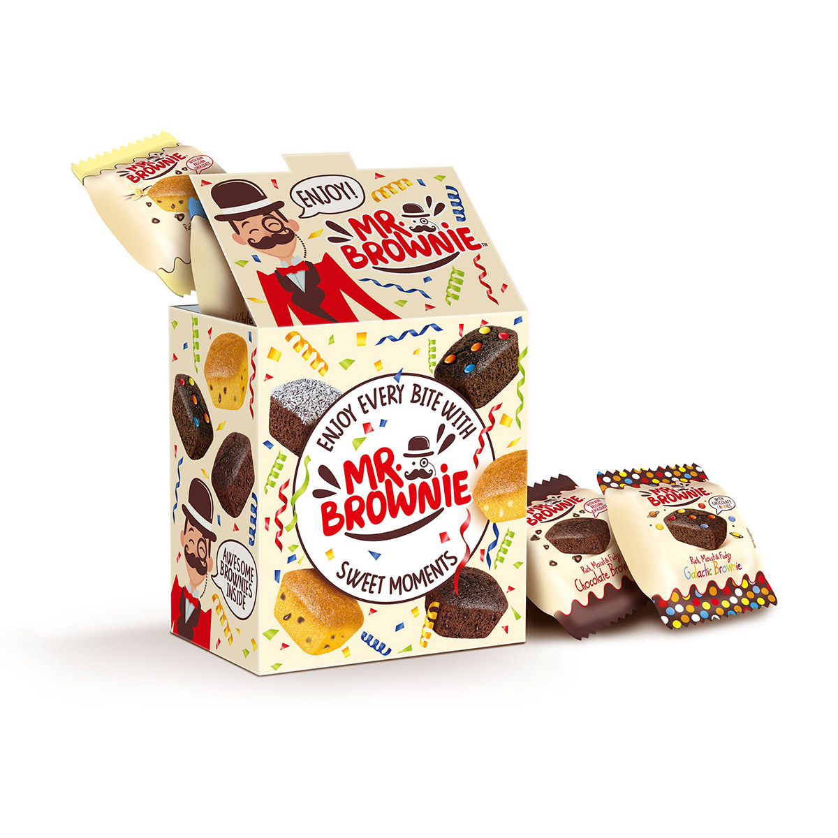 Top Food Feinkost - Mr. Brownie Mr. Brownie Sweet Moments - x 12 Mix Share Box | Originell gestaltete Box mit 6 Sorten Brownies & Blondies.