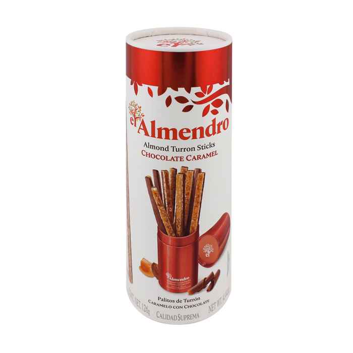 Top Food Feinkost - El Almendro Almond Turron sticks Chocolate Caramell 126g | Mandelkrokant Sticks mit Vollmilchschokolade in praktischer Dose.